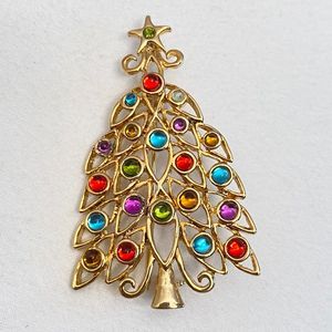💎Christmas Tree Brooch Gold Tone Open Work Multi-Color Rhinestones